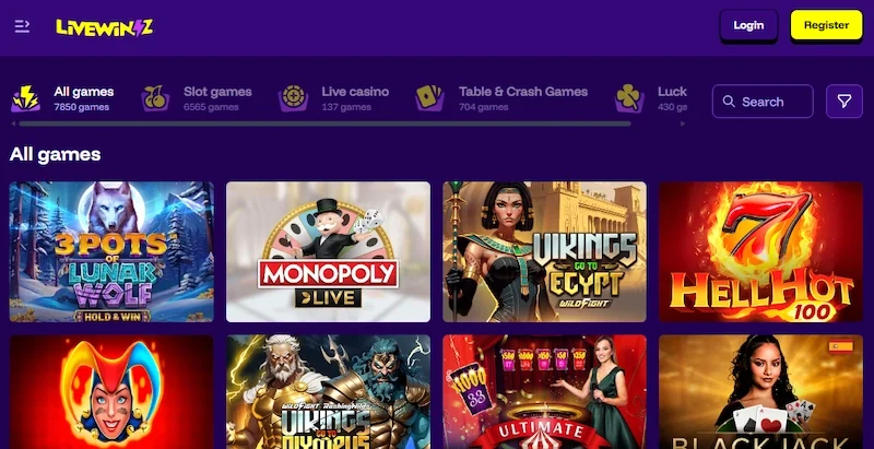 LiveWinz Casino game lobby — capture de l’interface LiveWinz Casino